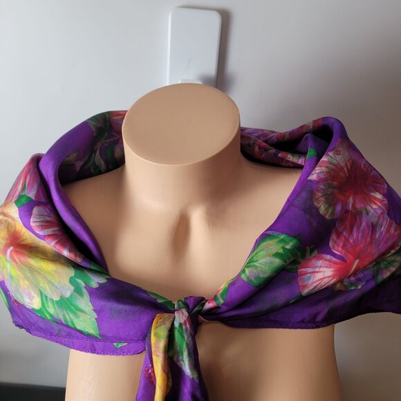 Echo Floral Hibiscus Purple Silk Scarf 34" X 34.75" - Picture 5 of 10